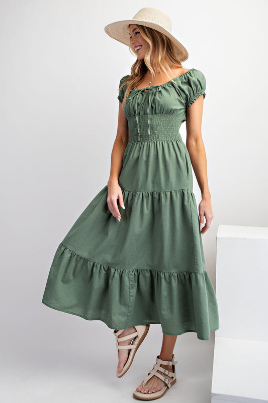 Lovely In Linen Dress-Moss